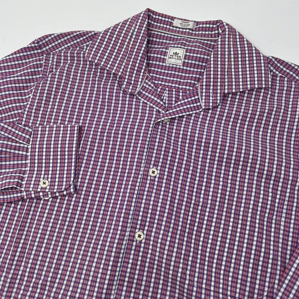Peter Millar Button Shirt Mens Medium Button‎ Down Long Sleeve Plaid Purple Red